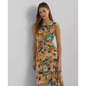 Lauren Ralph Lauren Floral Twist-Front Jersey Dress Womens 4 Cap Sleeve Midi